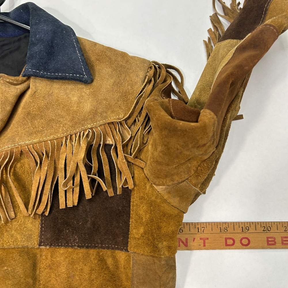 Suede‎ Fringe Patchwork Jacket Youth 10 Brown Western Boho Folkcore 70s Leather - Picture 5 of 9